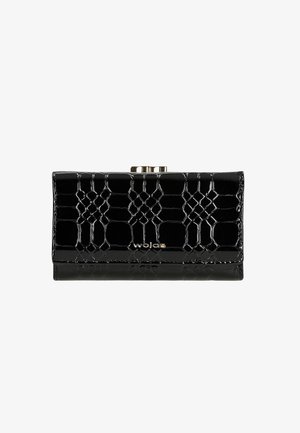 Black patent faux leather wallet with a crocodile texture, gold-tone hardware, and a clasp closure featuring the brand name "wojas."