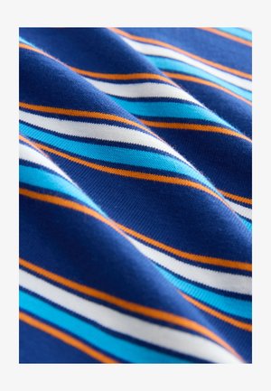 Tessuto a maglia blu navy con strisce diagonali in azzurro chiaro, turchese, bianco e arancione; texture liscia, peso medio.