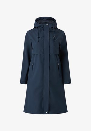 Impermeable bleu marine avec capuche, cordons de serrage ajustables, poches zippées et un design bicolore. Fabriqué en matériau imperméable avec une coupe droite.