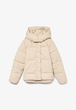 Beige toppatakki, jossa on korkea kaulus ja vetoketjullinen etuosa. Ominaisuuksiin kuuluu tikatut osiot ja joustavat hihansuut. Sileä pinta, kevyt muotoilu.