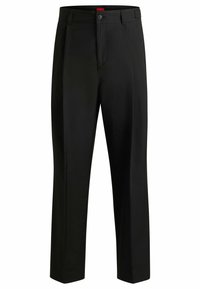 Pantalon noir avec une coupe droite, fabriqué dans un tissu lisse. Comprend une fermeture à bouton et un devant plat. Style minimaliste, sans motifs.