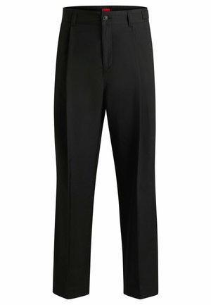 Black trousers with a straight-leg design, made from a smooth fabric. Features a button closure and a flat front. Minimalist style, no patterns.
