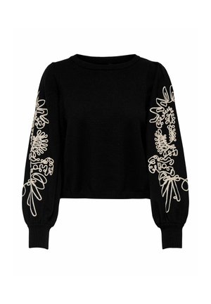 Sort cropped sweater med lange, udblæste ærmer. Har intrikate beige blomsterbroderier på begge ærmer. Ribbet halsudskæring og manchetter.