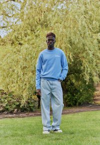 Noormees seismas murul, kandes sinist dressipluusi, heledaid teksapükse ja tenniseid, taustal puud ja põõsad.