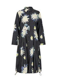 Czarna sukienka w kwiatowy wzór w odcieniach niebieskiego i białego, z przodem zapinanym na guziki, długimi rękawami oraz marszczonym dołem z troczkiem. Gładka faktura tkaniny.