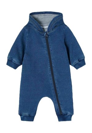 Blauer Kapuzen-Overall aus weichem Stoff, mit einem Frontreißverschluss und gerippten Bündchen für eine enganliegende Passform. Ideal für Komfort und einfaches Anziehen.