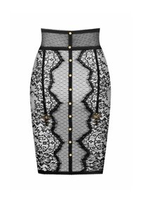 Jupe crayon en dentelle noire avec des pois, des bords festonnés, et des boutons dorés à l'avant. Design en dentelle florale superposée. Taille haute.