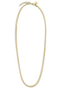 Collar de metal en tono dorado con un diseño liso y redondeado. Presenta un extensor de cadena y un sencillo cierre circular para ajustar la longitud.