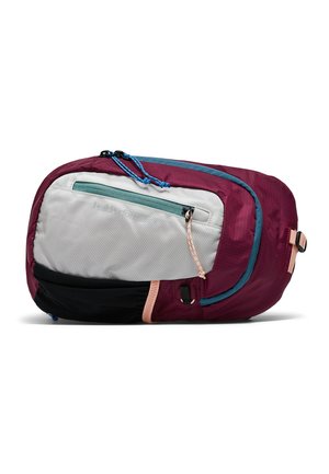 Kompakte, ovale Bauchtasche mit bordeauxroten, grauen und schwarzen Abschnitten, ausgestattet mit mehreren Reißverschlussfächern und verstellbarem Riemen.