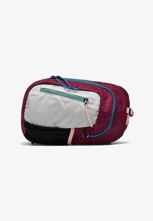 Compact, oval-shaped waist bag with maroon, gray, and black sections, featuring multiple zippered compartments and adjustable strap.