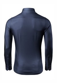 Navyblauwe longsleeve shirt, gladde textuur, op maat gemaakte ontwerp, klassieke kraag en knoopaccenten op de manchet. Achteraanzicht, zonder patronen of grafische afbeeldingen.