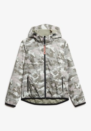 Giacca mimetica in toni grigi e rosa tenui, dotata di zip frontale, cappuccio regolabile e due tasche laterali con zip.