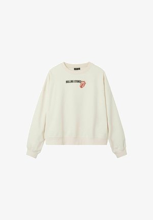 Sweat-shirt couleur crème avec une coupe décontractée, arborant le texte "ROLLING STONES" et un logo de lèvres rouges au centre. Poignets et ourlet côtelés.