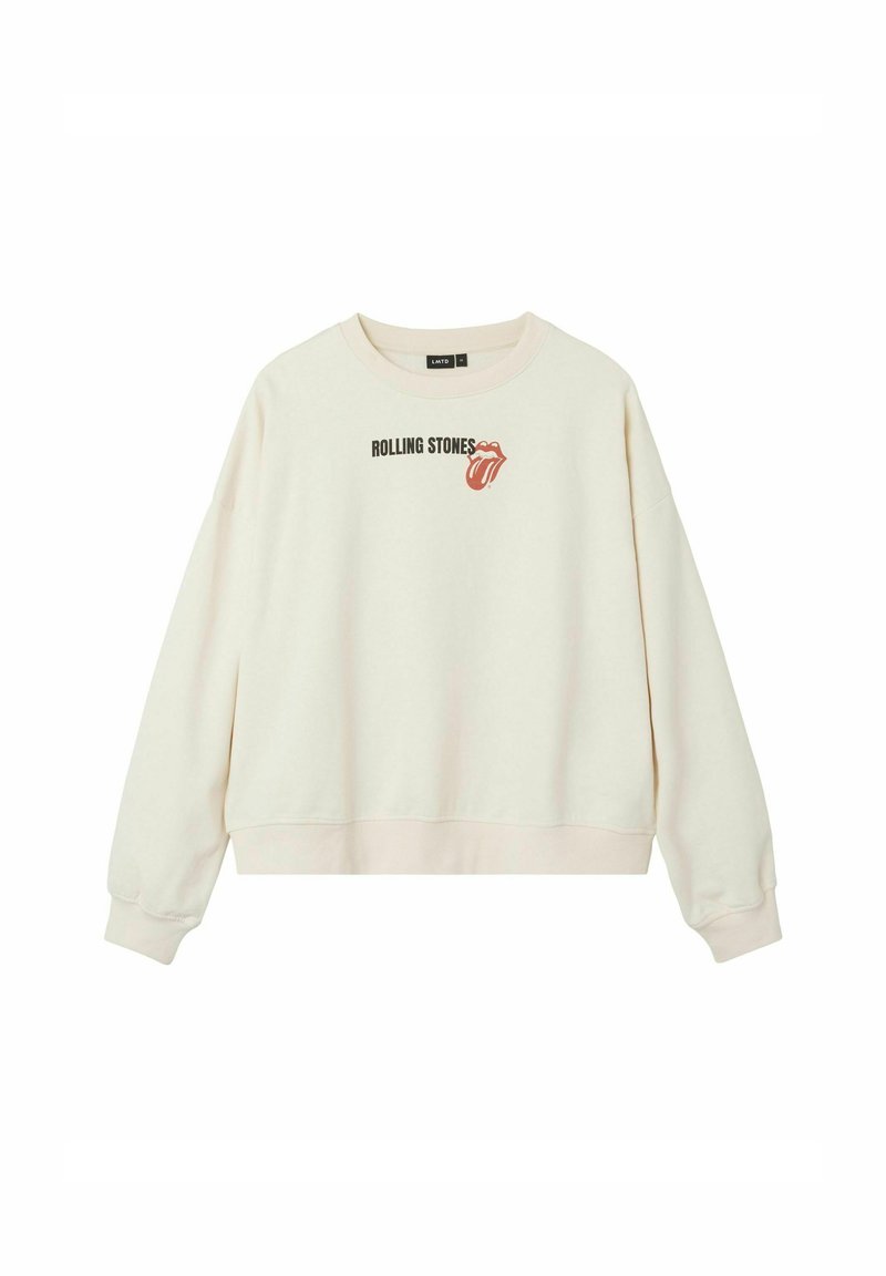 Sweter w kolorze kremowym o luźnym kroju, z napisem "ROLLING STONES" oraz logo czerwonych ust na środku. Prążkowane mankiety i dół.