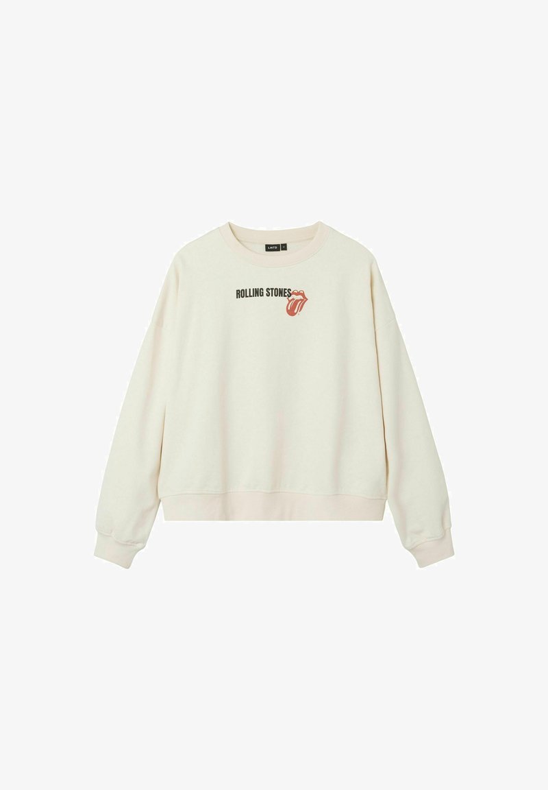 Sweter w kolorze kremowym o luźnym kroju, z napisem "ROLLING STONES" oraz logo czerwonych ust na środku. Prążkowane mankiety i dół.