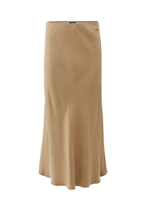 Beige, rok met hoge taille, enkelhoog met een lichte uitlopende vorm en een gladde, effen stoftextuur.