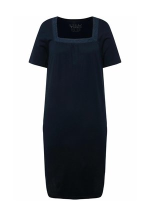 Abito corto blu navy con maniche corte e scollatura quadrata, con dettagli in pizzo lungo la scollatura e una vestibilità morbida. Realizzato in tessuto morbido.