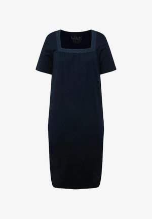 Abito corto blu navy con maniche corte e scollatura quadrata, con dettagli in pizzo lungo la scollatura e una vestibilità morbida. Realizzato in tessuto morbido.