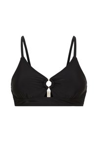 Μαύρο μπικίνι τοπ με τριγωνικό κόψιμο, που διαθέτει λεπτές ρυθμιζόμενες τιράντες και λεπτομέρεια κλειδαρότρυπας στο κέντρο. Λείο υλικό, πιεσμένες πλευρές.