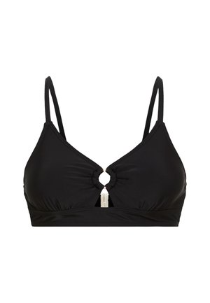 Μαύρο μπικίνι τοπ με τριγωνικό κόψιμο, που διαθέτει λεπτές ρυθμιζόμενες τιράντες και λεπτομέρεια κλειδαρότρυπας στο κέντρο. Λείο υλικό, πιεσμένες πλευρές.