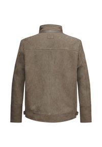 Braune Wildlederjacke mit steilem Kragen, geradem Schnitt und minimalen Nähten. Verfügt über verstellbare Seitenschlaufen am Saum.