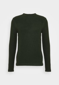 Pull texturé à manches longues de couleur vert foncé avec col rond, présenté de face sur un fond blanc.