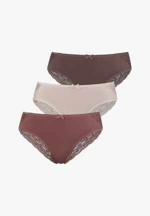 Drei Paare Damenunterhosen in Braun, Beige und Dunkelbraun. Merkmale sind Spitzendekor und kleine Schleifchen am Bund. Glattes Material.