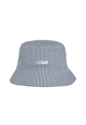 Navy and white striped bucket hat with embroidered white logo centered on the front.