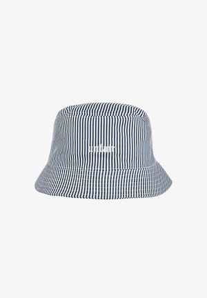 Navy and white striped bucket hat with embroidered white logo centered on the front.