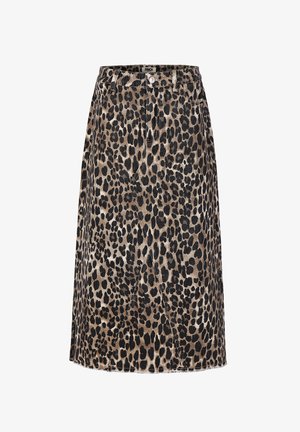 Middellange rok met bruin en zwart luipaardpatroon, voor knoopsluiting, ritssluiting en subtiele stofafwerking.