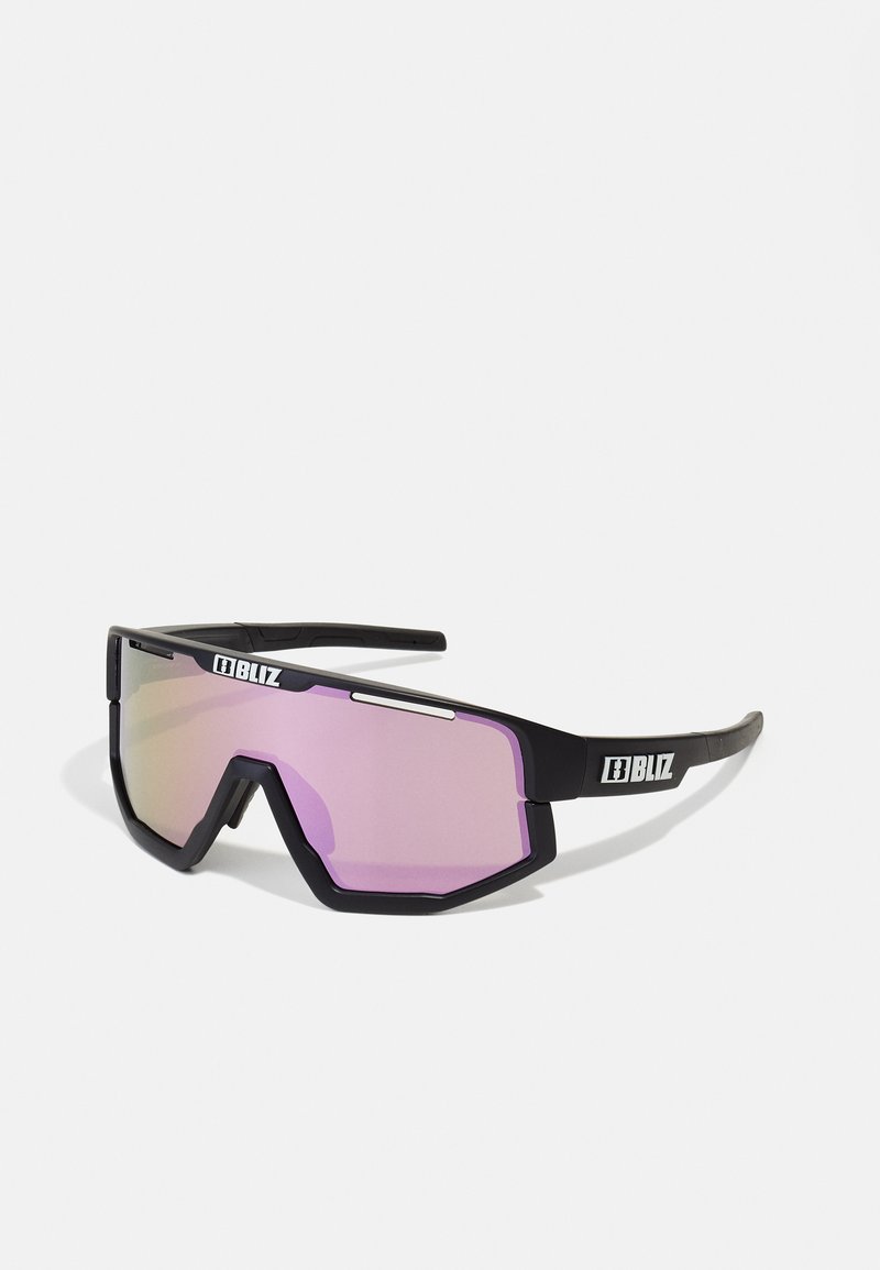Sunglasses with a black frame and hexagonal purple gradient lenses. Features a logo on the temple and sporty design for outdoor use.