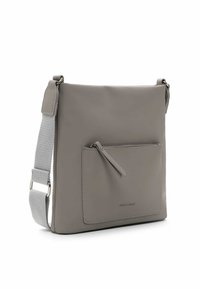 Gray synthetic crossbody bag with a textured adjustable strap, front zip pocket, and smooth surface. Rectangular shape, minimal design.