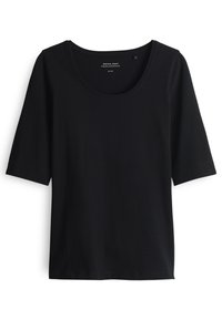 Chemise noire à manches courtes avec col rond, design simple et tissu lisse, présentée sur fond blanc.