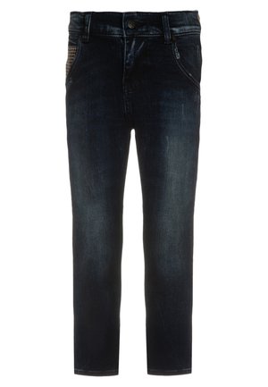 Mørk tvistede denimjeans med en lige pasform, der har en klassisk knap- og lynlåslukning samt frontlommer. Subtil fading langs benene.