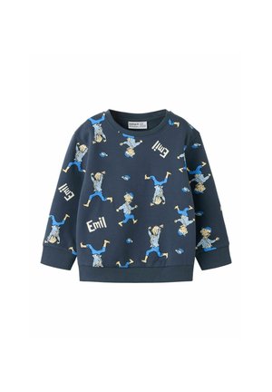 Sweat-shirt bleu marine pour enfants avec des illustrations ludiques d’un garçon de dessin animé et le nom Emil répété en texte blanc.