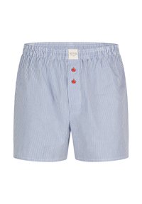 Boxer blu e bianchi a righe con elastico in vita, caratterizzati da due bottoni rossi sul davanti e da una piccola etichetta vicino all'elastico.