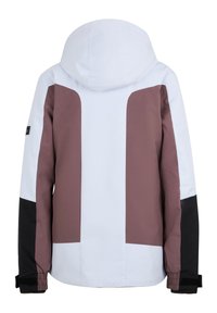 Giacca a blocchi di colore bianca, marrone e nera. Presenta un cappuccio, maniche lunghe, polsini elastici e un tessuto liscio e resistente all'acqua.