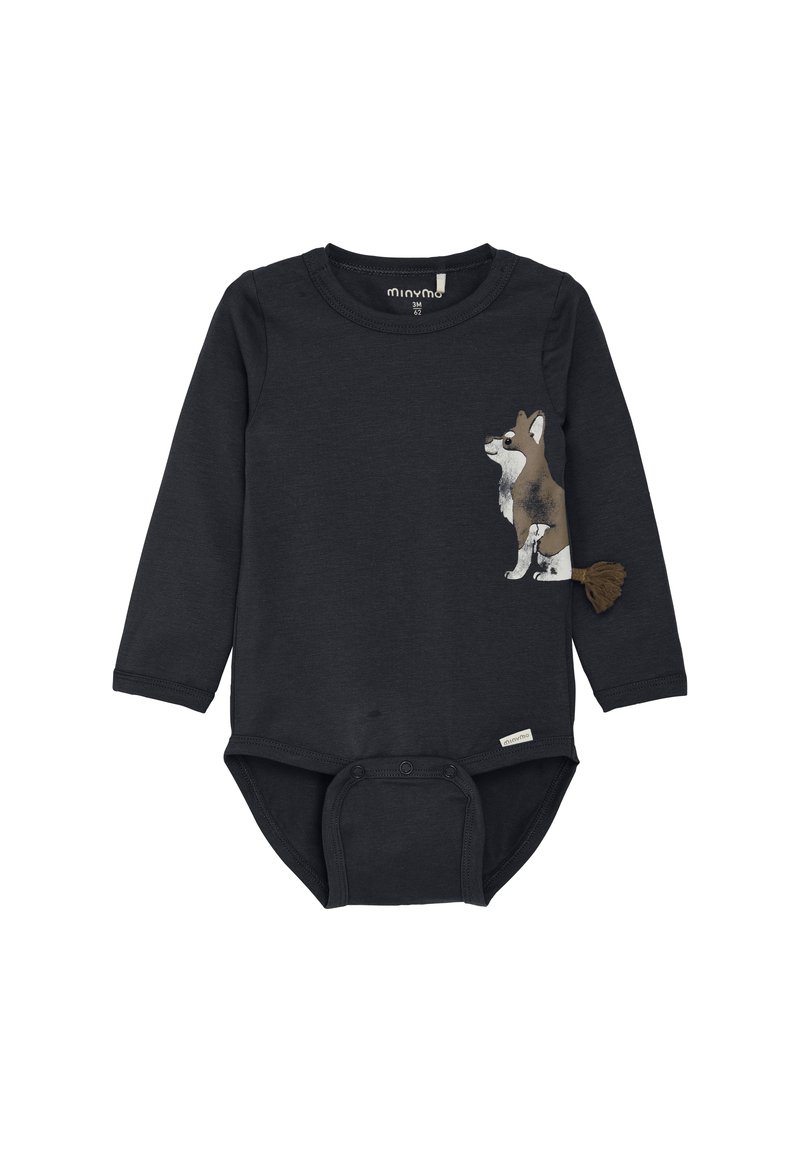 Svart bodysuit med lång ärm i ribbad tyg har en grafik av en brun och vit hund samt en texturerad brun svansdetalj nära botten.