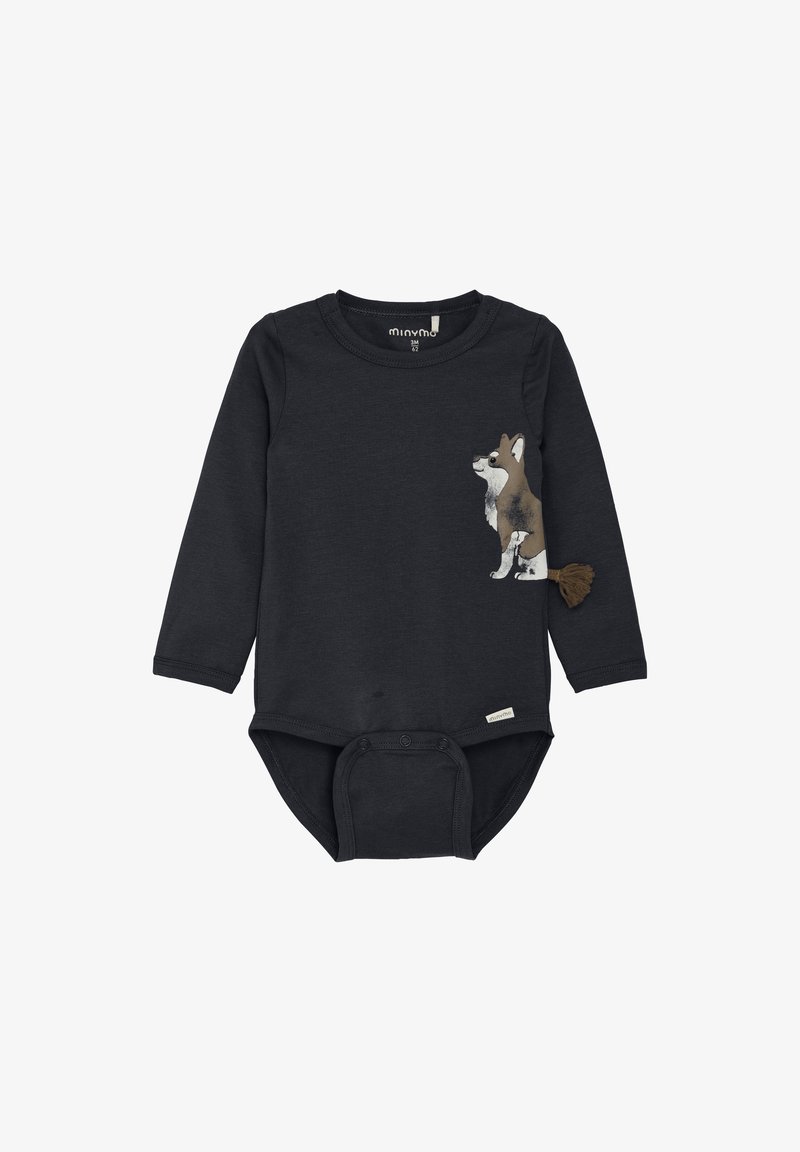 Svart bodysuit med lång ärm i ribbad tyg har en grafik av en brun och vit hund samt en texturerad brun svansdetalj nära botten.