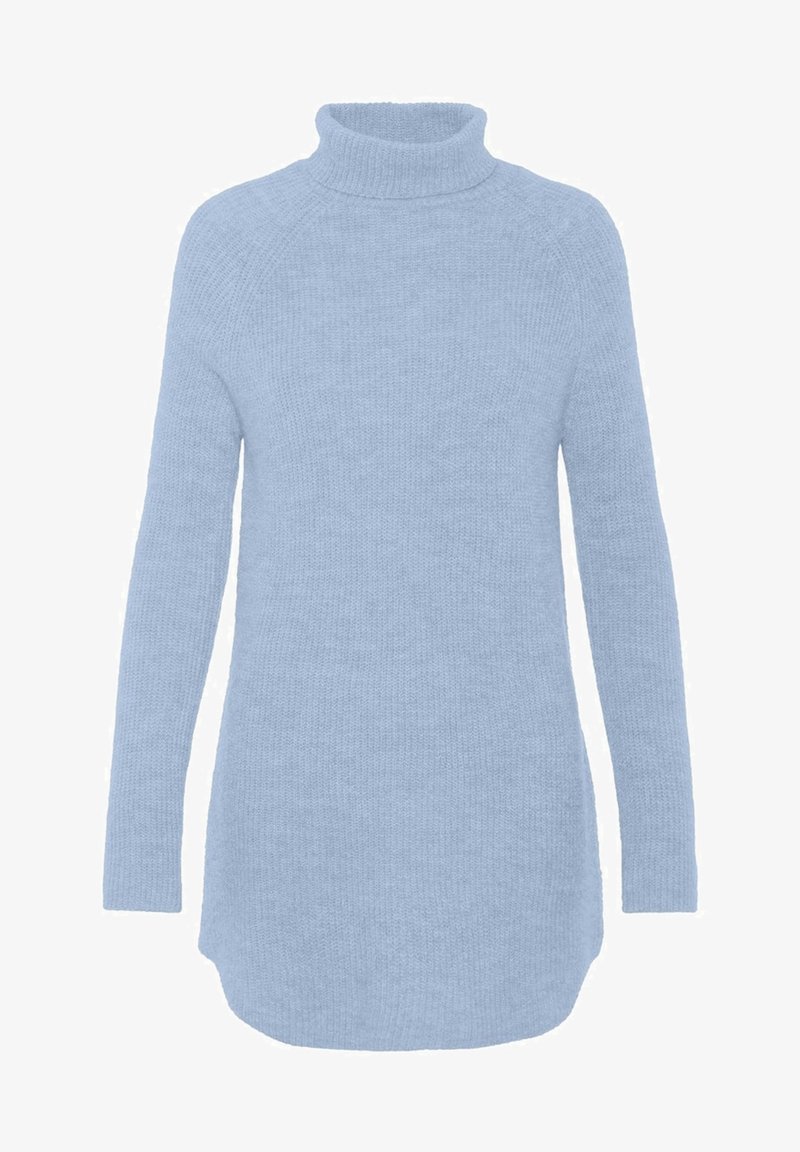 Pull en maille bleu clair à manches longues avec col roulé et ourlet légèrement arrondi, conçu pour la chaleur et le confort.