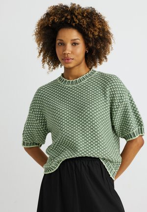 Νεαρή γυναίκα με κατσαρά μαλλιά, φορώντας πράσινο πλεκτό πουλόβερ με κοντά μανίκια και μαύρη φούστα, ποζάρει μπροστά σε απλό φόντο.