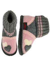 Gehaakte wollen sloffen in grijs en roze met hartmotieven, met een zachte textuur, ronde vorm en een zwart logo-label.
