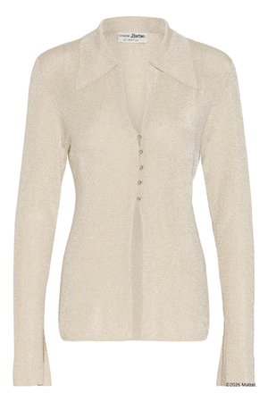 Μπλούζα με μακριά μανίκια σε μπεζ χρώμα, εφαρμοστή, με γιακά τύπου spread, κλείσιμο με κουμπιά μπροστά και λεπτή υφή με διακριτική λάμψη από πλεκτό ύφασμα.