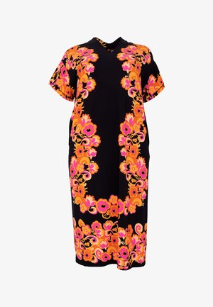 Zwart bloemenjurk met een levendig patroon van oranje en roze bloemen, korte mouwen en een V-hals. Gemaakt van lichtgewicht stof.