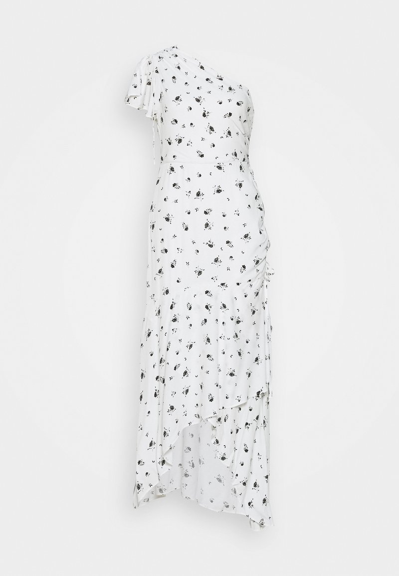 Robe blanche asymétrique à une épaule avec imprimé floral noir, ourlet à volants et manche courte sur le côté gauche.