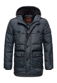 Tumedast hallist värvi voodriga jakk kapuutsiga, millel on kaks rinna taskut, küljetaskud ja mustad aktsendid. Sisevoodril on tekstuur.