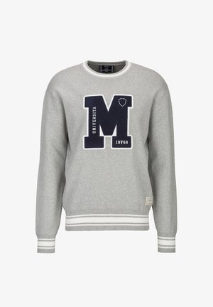 Gray crewneck sweatshirt with large navy "M" patch, white "Universita" text, "19V69" numbers, and ribbed cuffs and hem with white stripes.