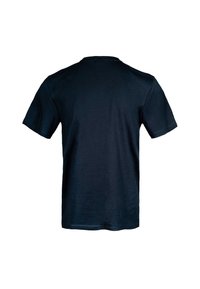 Camiseta de algodón azul marino oscuro, de manga corta, con cuello redondo, diseño simple, textura suave, sin patrones ni acentos visibles en la parte posterior.