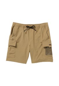 Beige cargoshorts met een elastische tailleband, trekkoord, twee zijzakken en een zijzak met een netpaneel voor opberging.