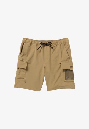 Calções cargo bege com um cós elástico, cordão, dois bolsos laterais e um bolso lateral com painel em rede para armazenamento.